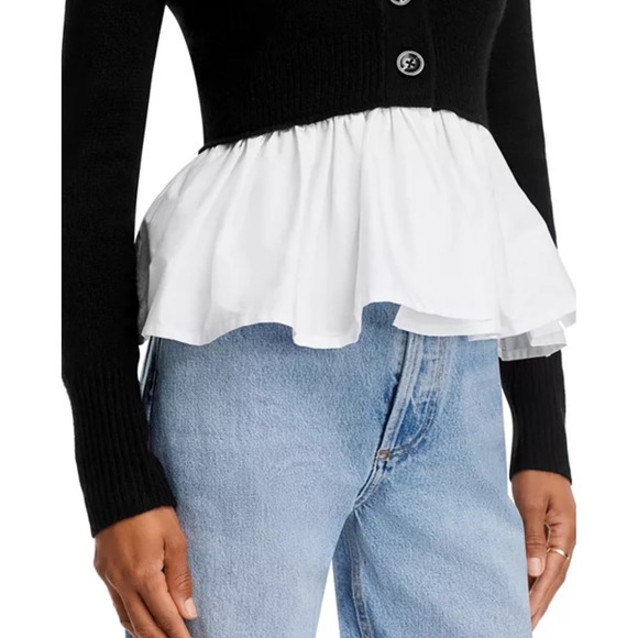 Aqua Cashmere Peplum Cardigan Sweater Button-Down Top Black White S - Picture 5 of 10